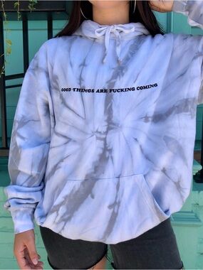 The Mayfair Tie-Dye Hoodie with Positive Slogan - Light Blue & Gray